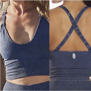 Free People Good Karma Blue Ribbed Cut Out Crop Tank Top